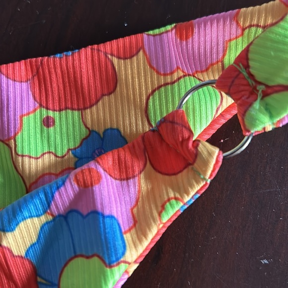 Metallic Halter Top Two Piece Neon Floral Tie Side Triangle Bikini Women’s Sz L - Picture 9 of 12